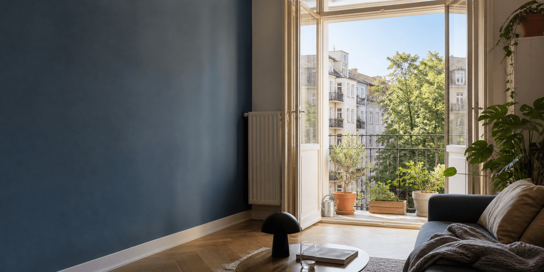 A bright Berlin apartment with an open balcony overlooking a leafy neighborhood